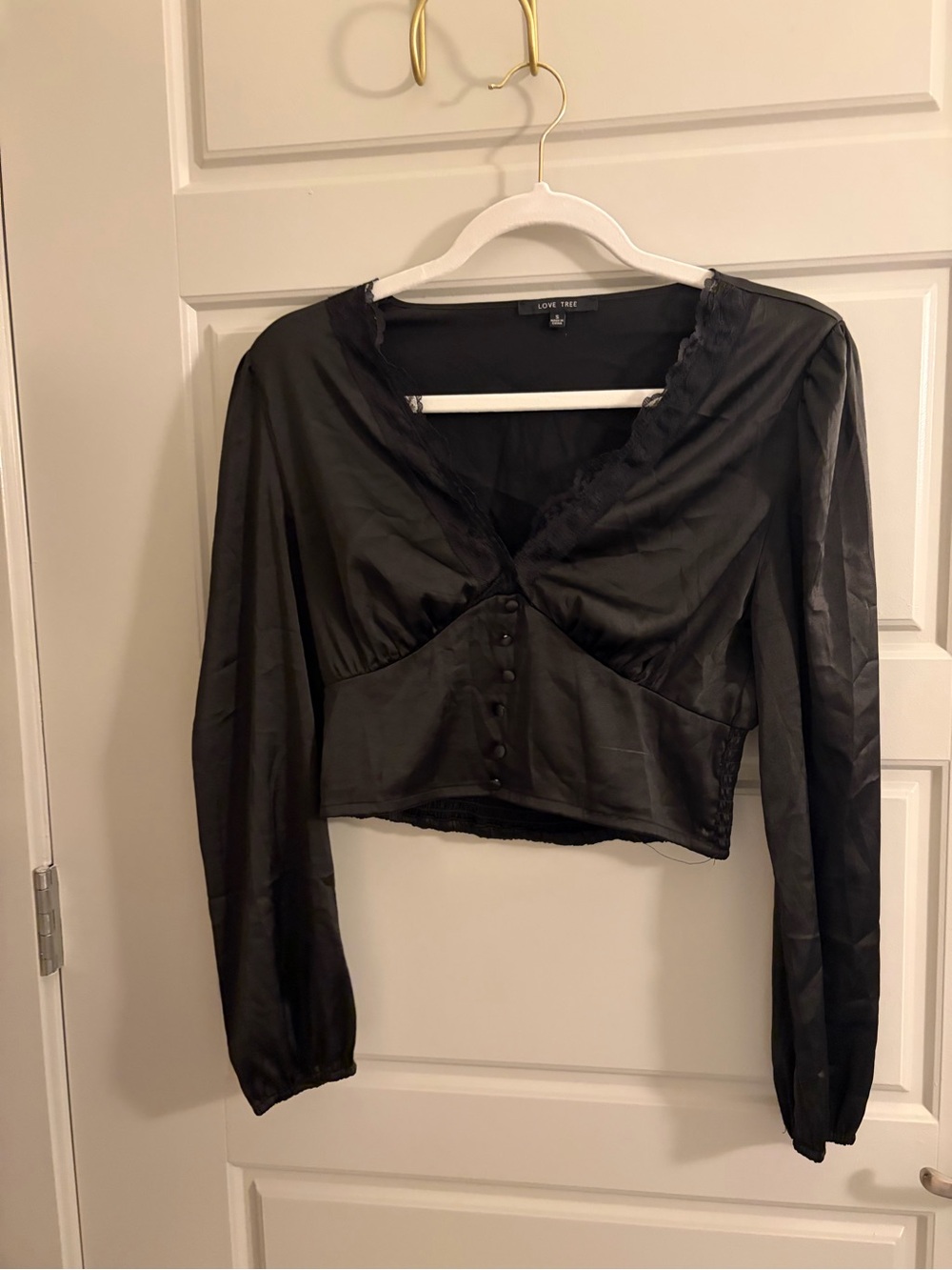 Love Tree Black Satin Cropped Button-Front Blouse
